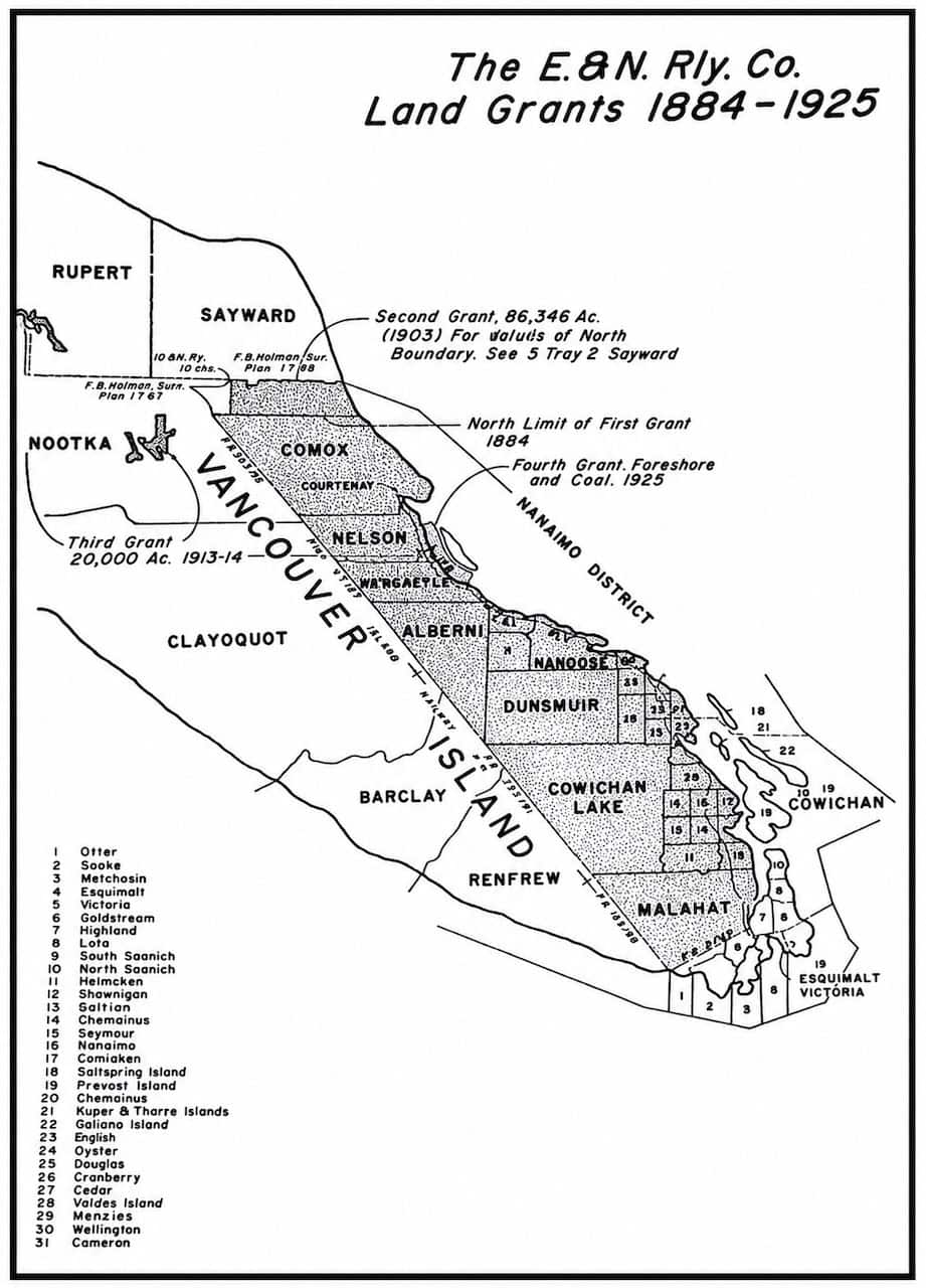 Map of the Esquimalt and Nanaimo Railway land grant on Vancouver Island, covering approximately 800000 acres