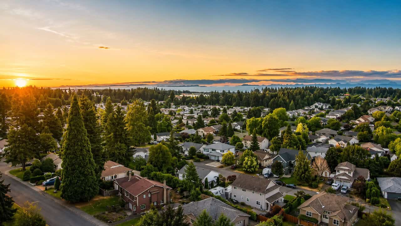 View over East Courtenay from Valley View, looking north to Crown Isle and the neighbourhoods beyond